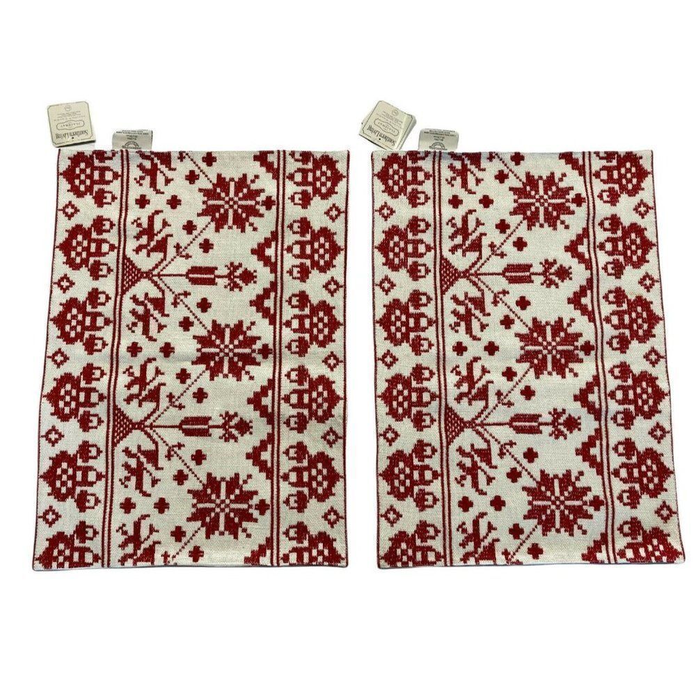 2 Southern Living Red White Cotton Linen Embroidered Holiday Christmas Placemats